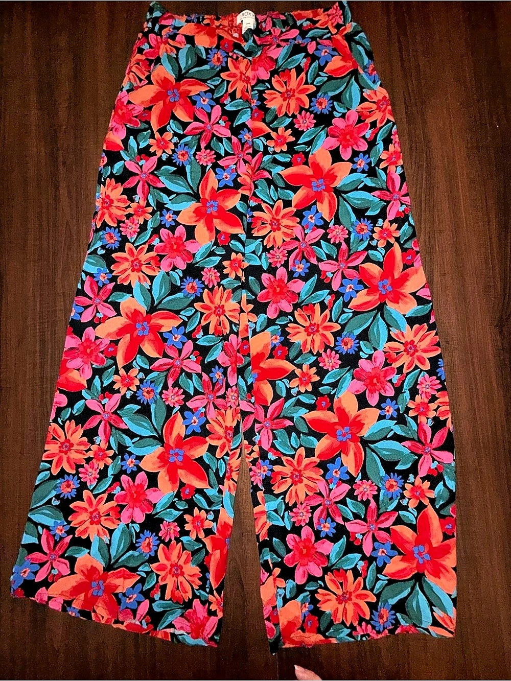 Roxy Midnight Avenue Floral Wide Leg Pants Black & Pink Small